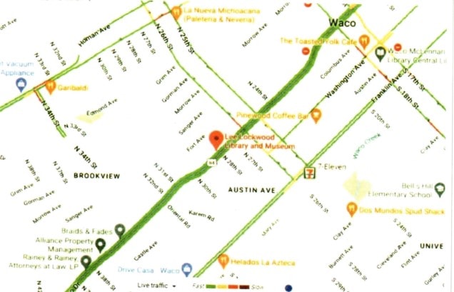Map showing location of Lee Lockwood Library and Museum on W. Waco Drive, Waco TX